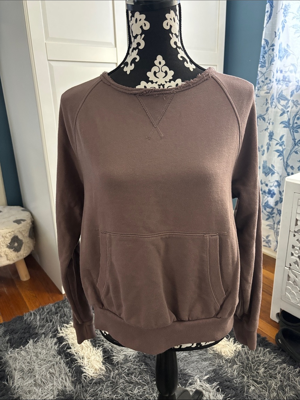 Athleta Women's Brown Distressed Neck Pullover Sweatshirt with V slit back